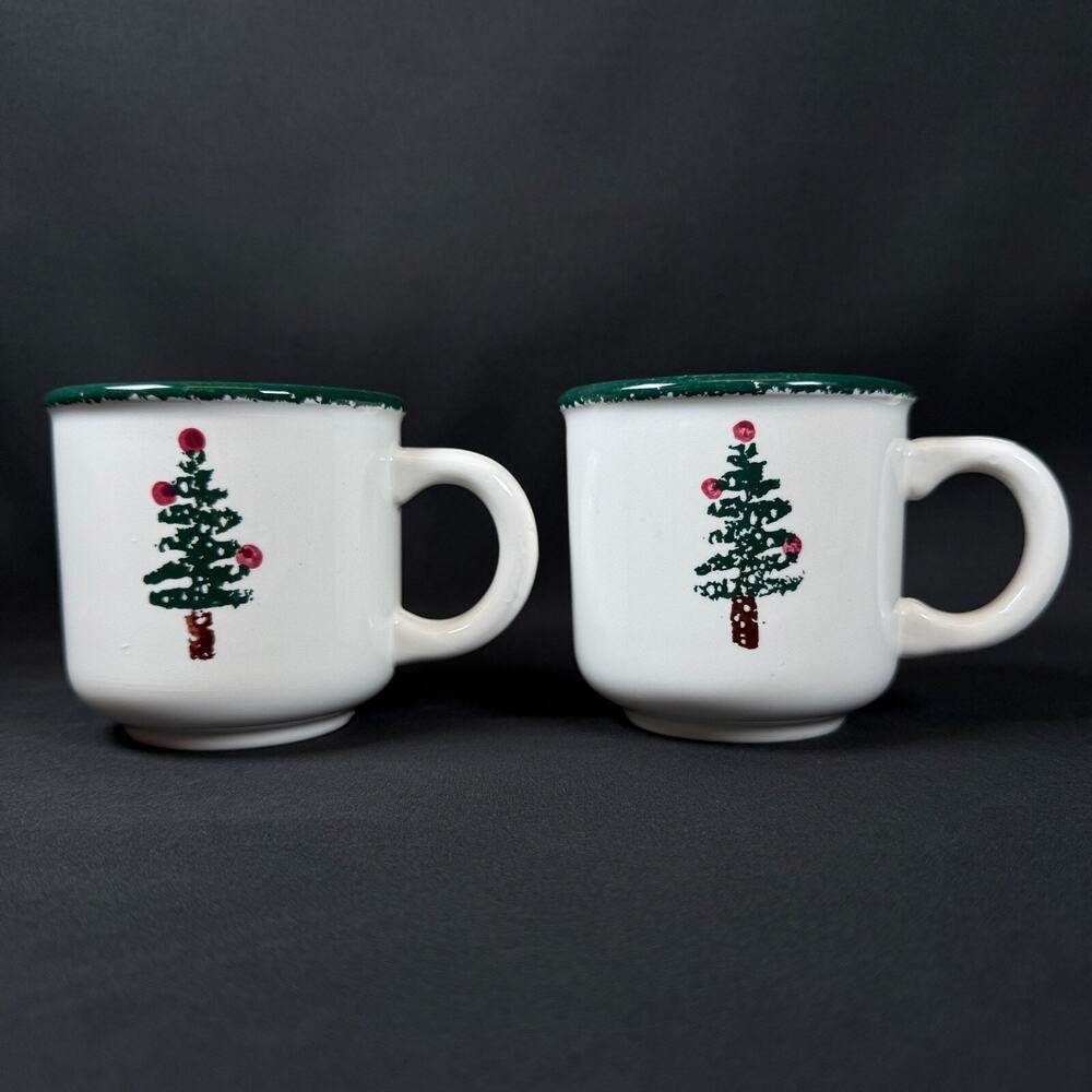 Lot of 2 Furio Made in Italy white Christmas Tree Mugs Vintage